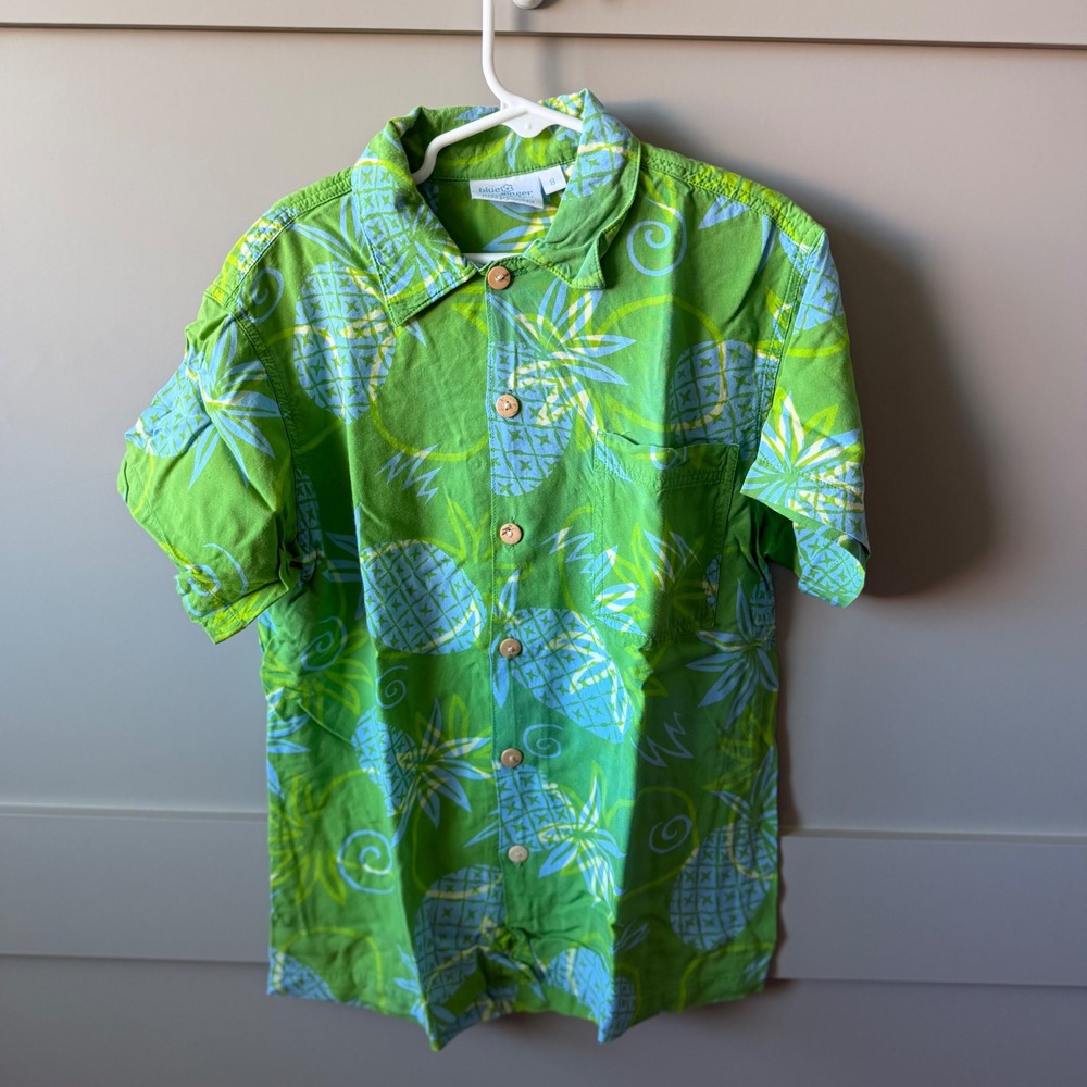 Blue Ginger & Pacific Legend Hawaiian Shirts Boys 8/L Green Red Pineapple Floral
